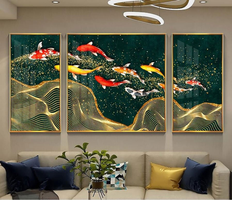 Tổng hợp tranh gương treo tường đẹp 2026 – Xu hướng trang trí phòng khách sang trọng 5 Tranh gương treo tường Cửu Ngư Đắc Lộc