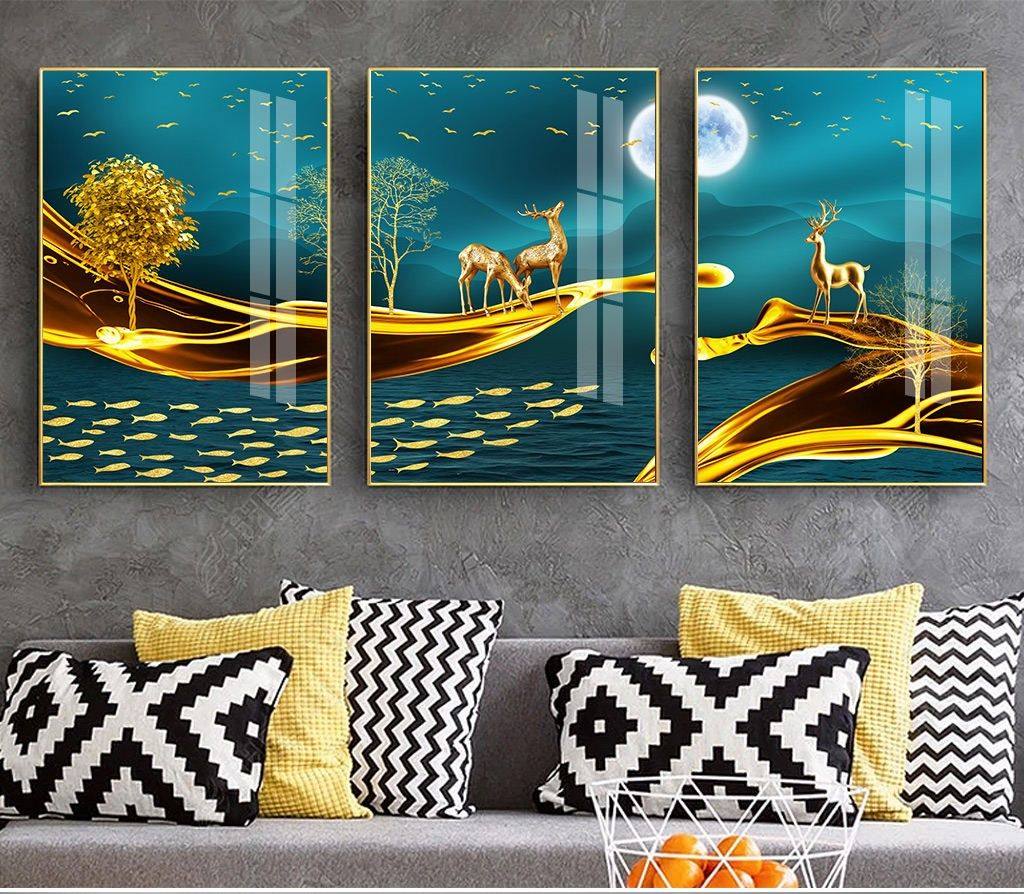 Tổng hợp tranh gương treo tường đẹp 2026 – Xu hướng trang trí phòng khách sang trọng 7 Tranh treo phòng khách Hươu Vàng Tài Lộc