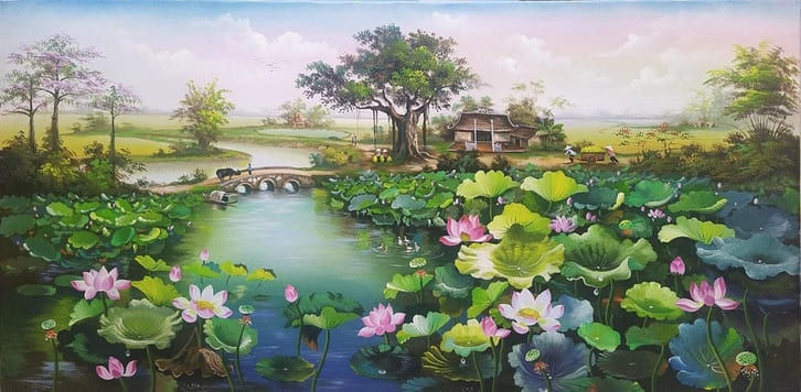 Tranh phong thủy hút tài lộc hoa sen trang nhã cho gia đình