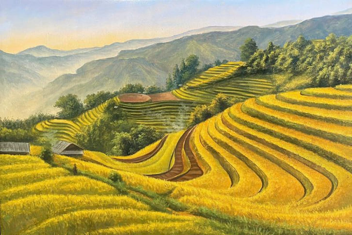Tranh phong thủy hút tài lộc ruộng bậc thang vàng mang sung túc