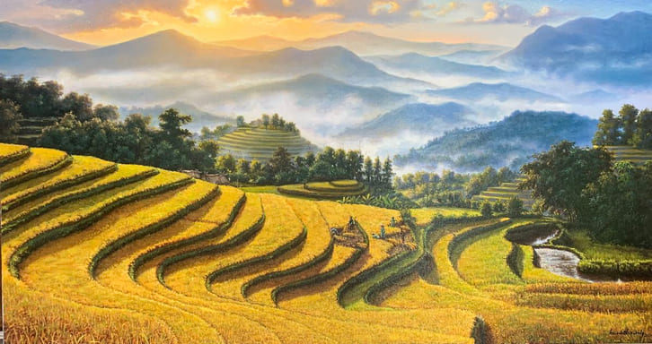 Tranh phong thủy hút tài lộc ruộng bậc thang vàng mùa bội thu