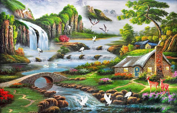 Tranh phong thủy hút tài lộc sơn thủy hữu tình hài hòa thiên nhiên