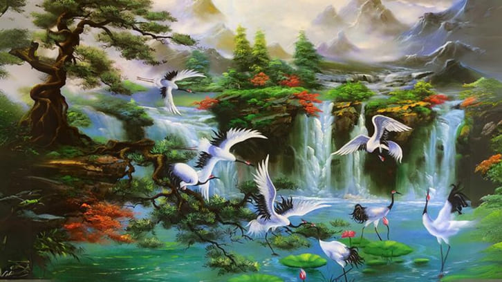 Tranh phong thủy hút tài lộc tùng hạc diên niên đẹp cổ điển