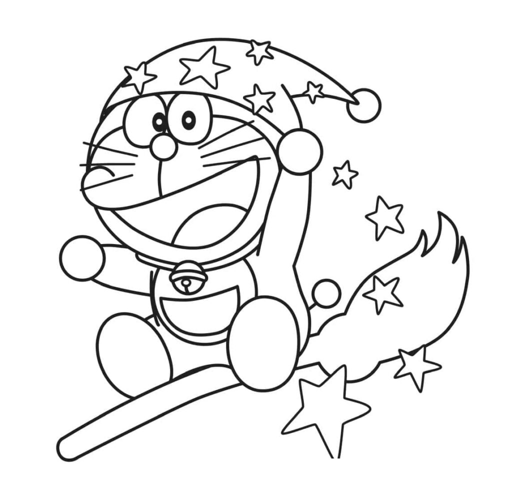 Tranh tô màu Doraemon cưỡi chổi bay