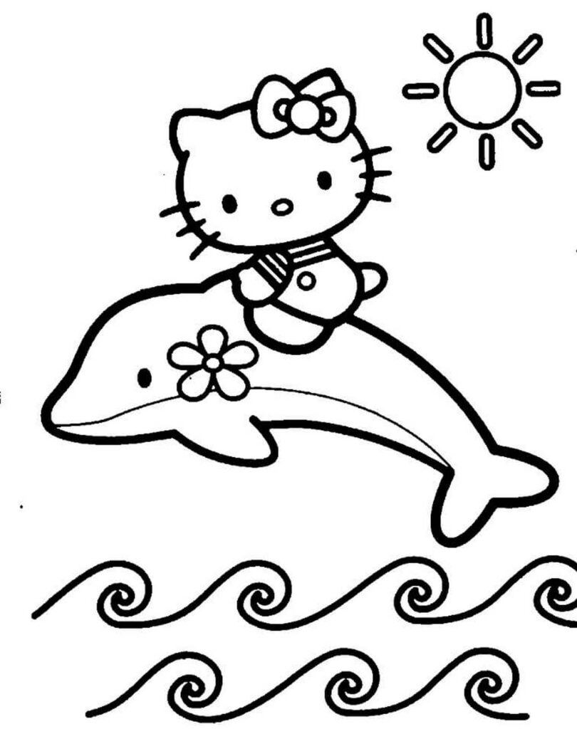 Tranh tô màu Kitty cưỡi cá voi
