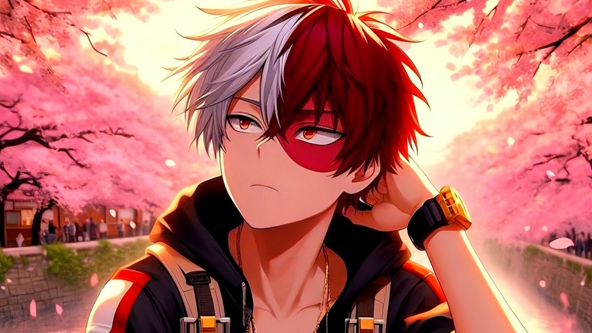 Ảnh nền anime nam khắc họa nhân vật tóc hai màu đỏ trắng độc đáo, một bên mắt có vết bớt đỏ đặc trưng, đứng giữa rừng hoa anh đào nở rộ, đeo đồng hồ vàng nổi bật.