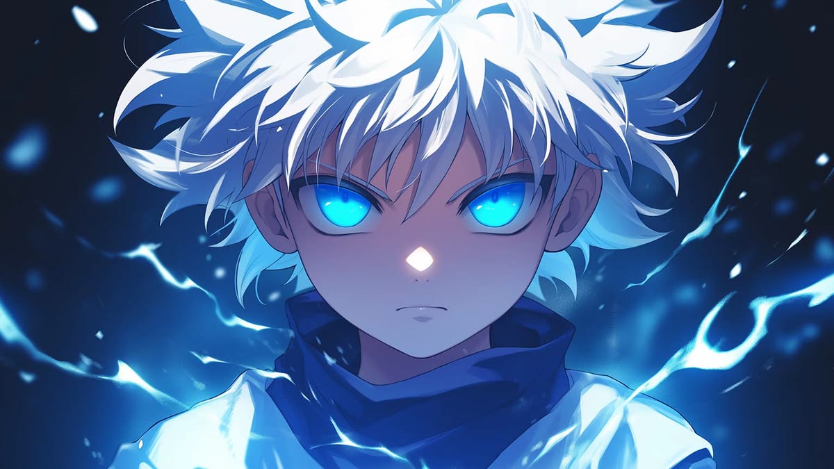 Hình nền anime nam 4K khắc họa cận cảnh gương mặt nhân vật tóc trắng, đôi mắt xanh phát sáng rực rỡ giữa nền tối, hiệu ứng năng lượng điện xanh bao quanh, chi tiết sắc nét.