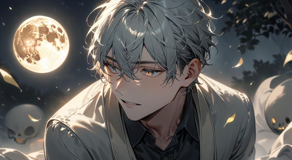 Hình nền anime nam cá tính khắc họa nhân vật tóc bạc dưới ánh trăng tròn sáng rực, khung cảnh đêm huyền bí với đầu lâu và bí ngô ma quái xung quanh, phong cách u ám cuốn hút.