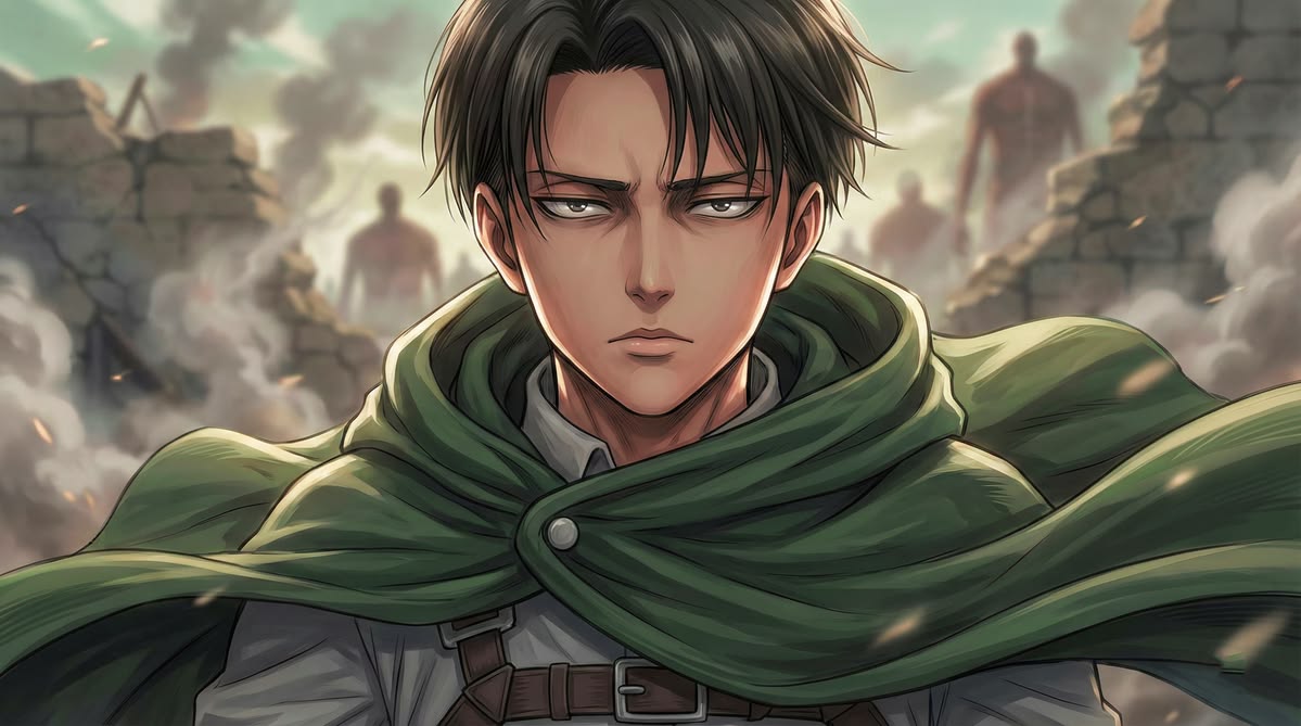 Hình nền anime nam chất khắc họa nhân vật tóc đen ngắn, khoác choàng dài màu xanh rêu, ánh mắt nghiêm nghị sắc lạnh, phía sau là khung cảnh đổ nát khói bụi mịt mù, uy lực.