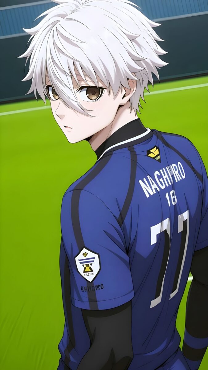 Hình nền anime nam cho điện thoại khắc họa nhân vật tóc trắng mặc áo đấu bóng đá xanh navy, đứng trên sân cỏ, ánh mắt sắc bén nhìn qua vai, phong cách thể thao năng động.