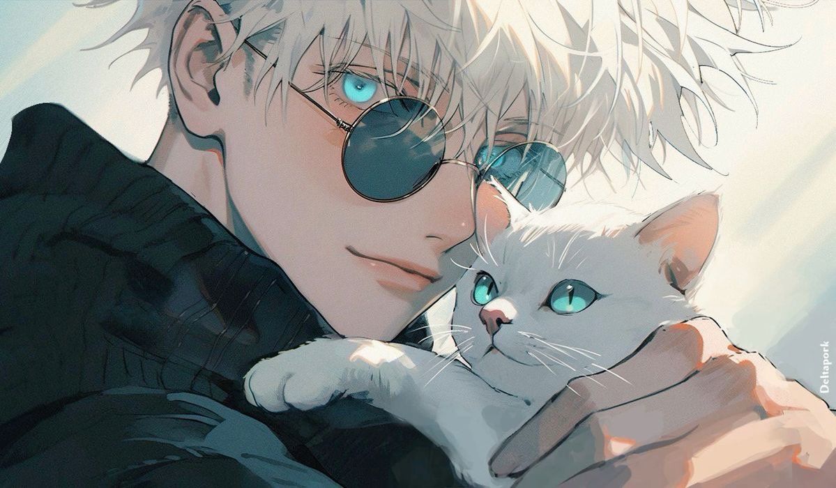 Hình nền anime nam cool khắc họa nhân vật tóc trắng đeo kính râm tròn ánh xanh, âu yếm chú mèo trắng mắt xanh bên cạnh, phong cách cá tính nhưng vẫn ấm áp gần gũi.