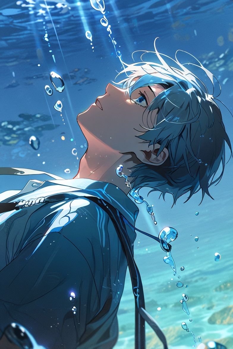 Hình nền anime nam đẹp khắc họa nhân vật tóc bạc ánh xanh chìm dưới làn nước, bong bóng khí nổi lên lung linh, ánh sáng xuyên qua mặt nước tạo hiệu ứng huyền ảo, nghệ thuật.