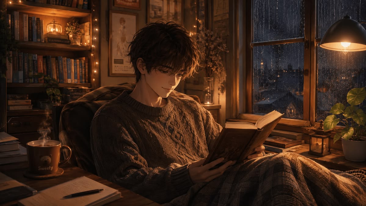 Hình nền anime nam buồn khắc họa nhân vật tóc nâu ngồi đọc sách bên cửa sổ đêm mưa, ánh đèn vàng ấm áp nhưng không gian tĩnh lặng cô đơn, tách trà bốc khói bên cạnh.