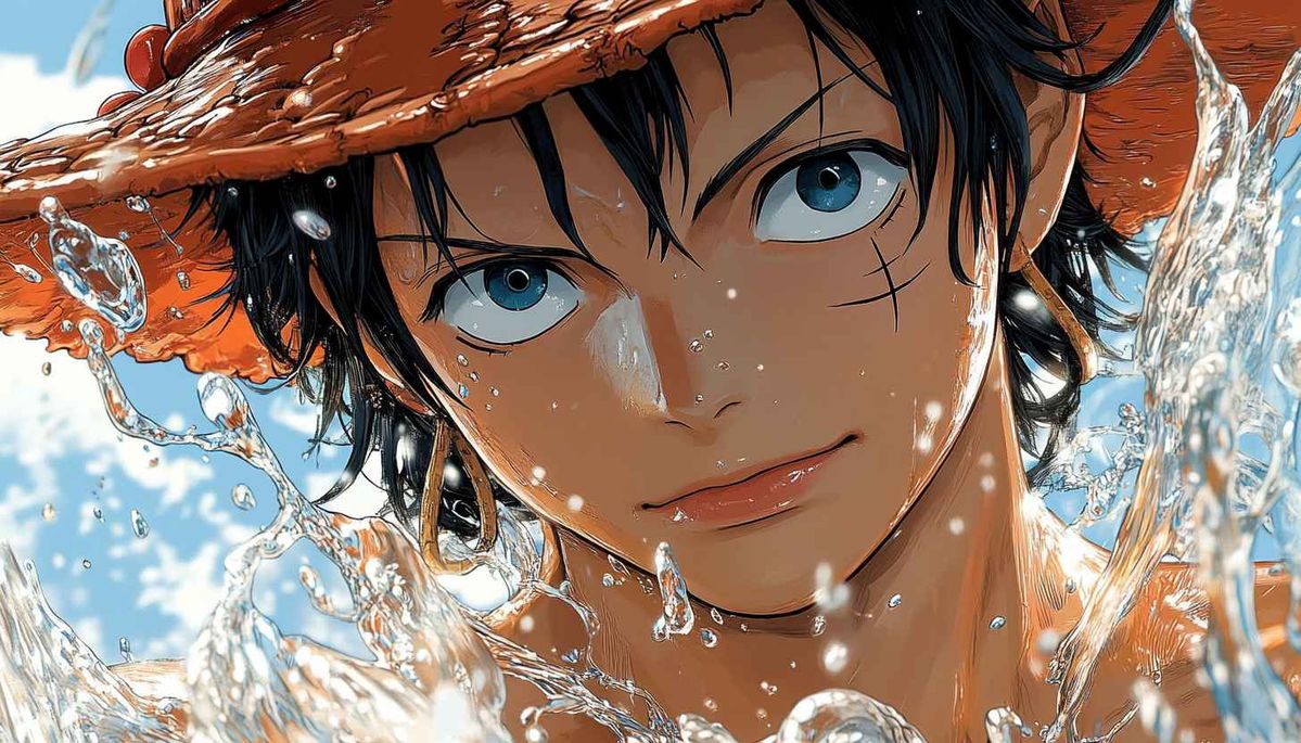 Hình nền anime nam ngầu khắc họa cận cảnh gương mặt nhân vật tóc đen đội mũ rơm cam, ánh mắt xanh kiên định, nước biển bắn tung tóe xung quanh, nụ cười tự tin đầy khí chất.