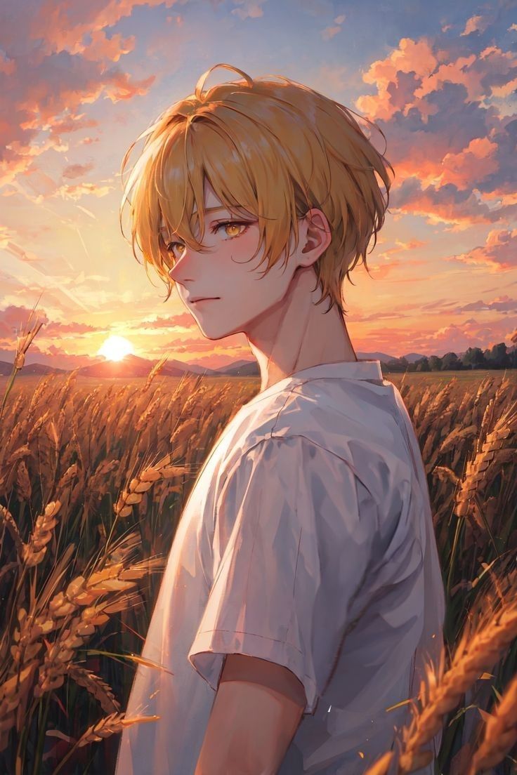 Hình nền anime nam khắc họa nam chính tóc vàng đứng giữa cánh đồng lúa mì, ánh hoàng hôn cam hồng rực rỡ phía sau, ánh mắt dịu dàng nhìn nghiêng, phong cách lãng mạn ấm áp.