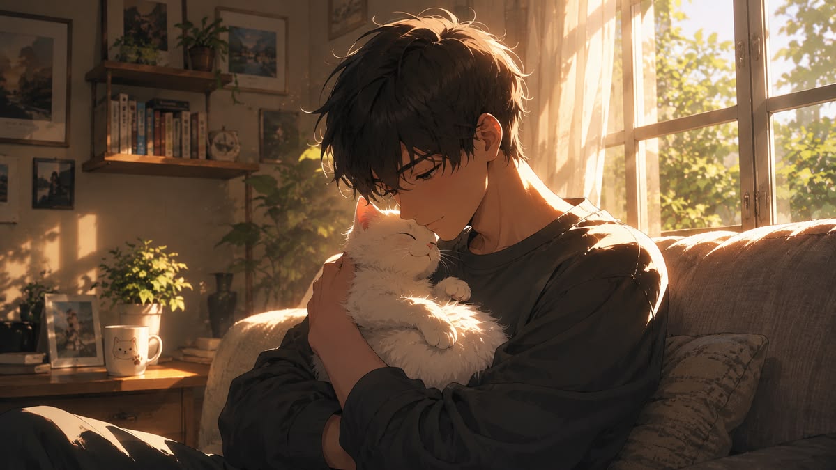Hình nền anime nam dễ thương khắc họa nhân vật tóc đen ôm chú mèo trắng nhỏ trong vòng tay, ánh nắng ấm áp chiếu qua cửa sổ, khoảnh khắc bình yên và ấm áp.