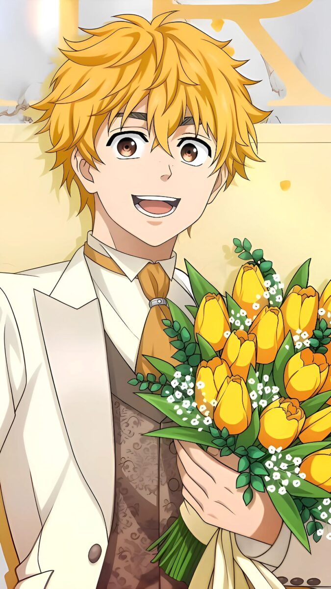 Ảnh Zenitsu Agatsuma cầm bó hoa với biểu cảm vui tươi, thích hợp làm hình nền anime nam chất lượng cao.