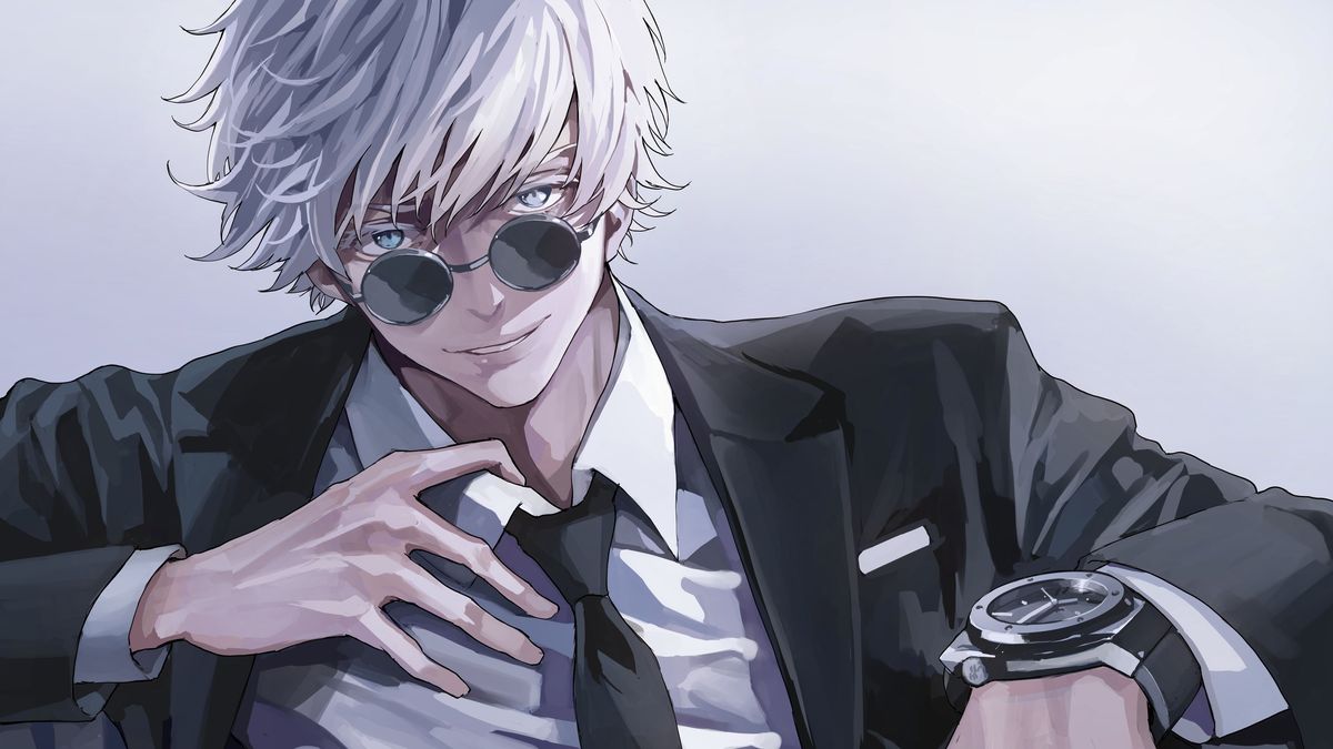 Wallpaper anime nam khắc họa nhân vật tóc trắng đeo kính râm tròn, mặc vest đen chỉnh chu, đeo đồng hồ sang trọng, nụ cười tự tin toát lên phong thái quý ông lịch lãm.