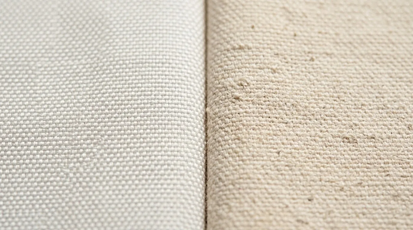So sánh cấu trúc sợi vải canvas cotton và polyester Cấu trúc bề mặt thớ dệt thực tế của vải canvas cotton và polyester khi phóng đại